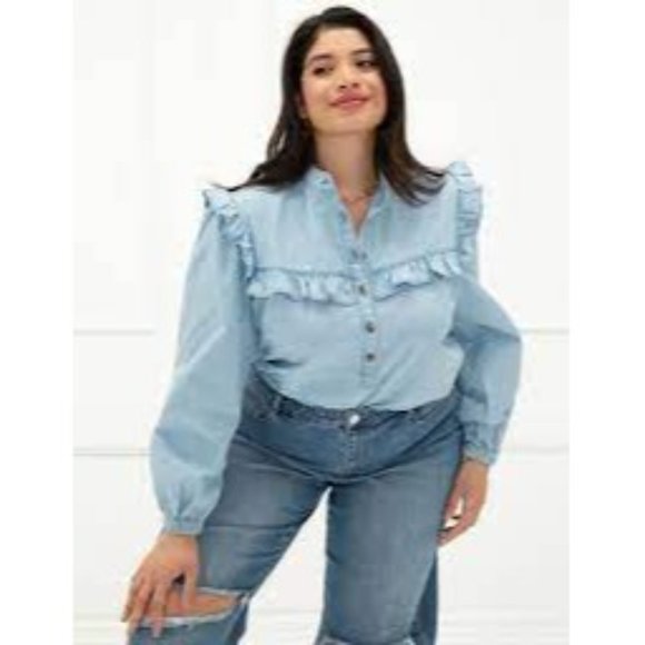 Eloquii Tops - Eloquii Elements Woman's Sz 20 Blue Chambray Long Sleeve Ruffle Blouse Top